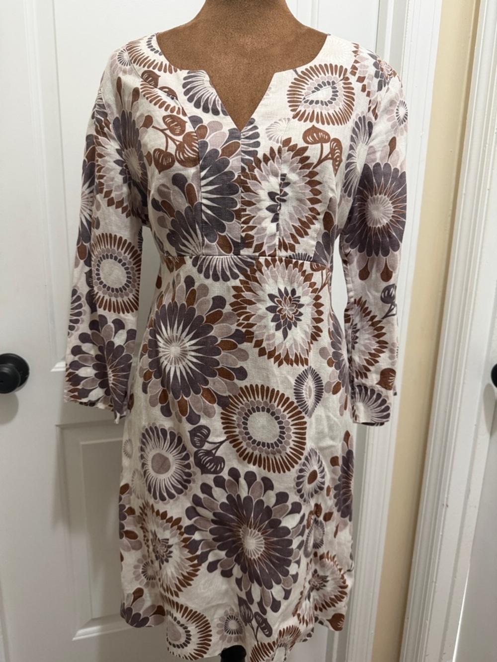 Boden Linen Mini Tunic Dress Earthy brown, gray, and white geometric floral